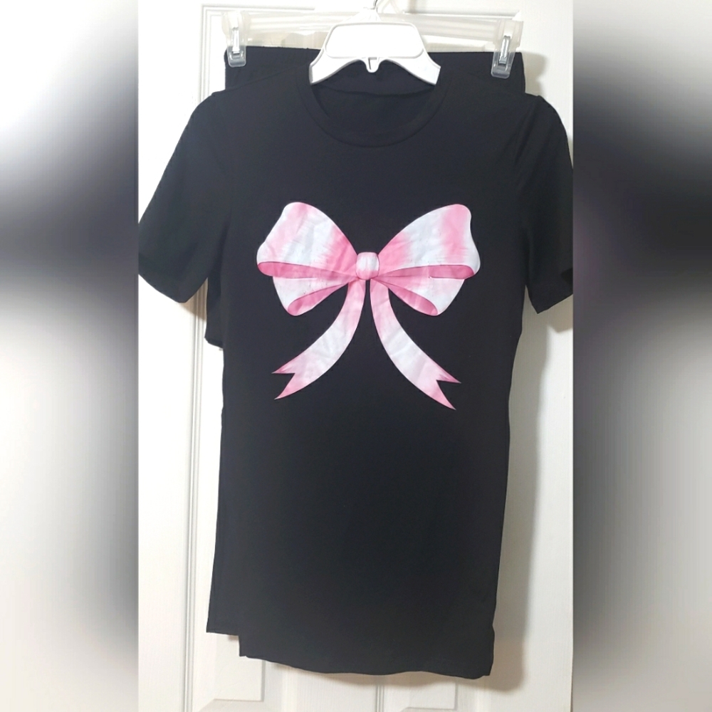 Black 2 Pc Short Set with Pink Bow Design